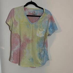 💕Bobbie Brooks Pink Yellow Blue Relaxed Short Sleeve Tie Dye Tee Shirt Stretch